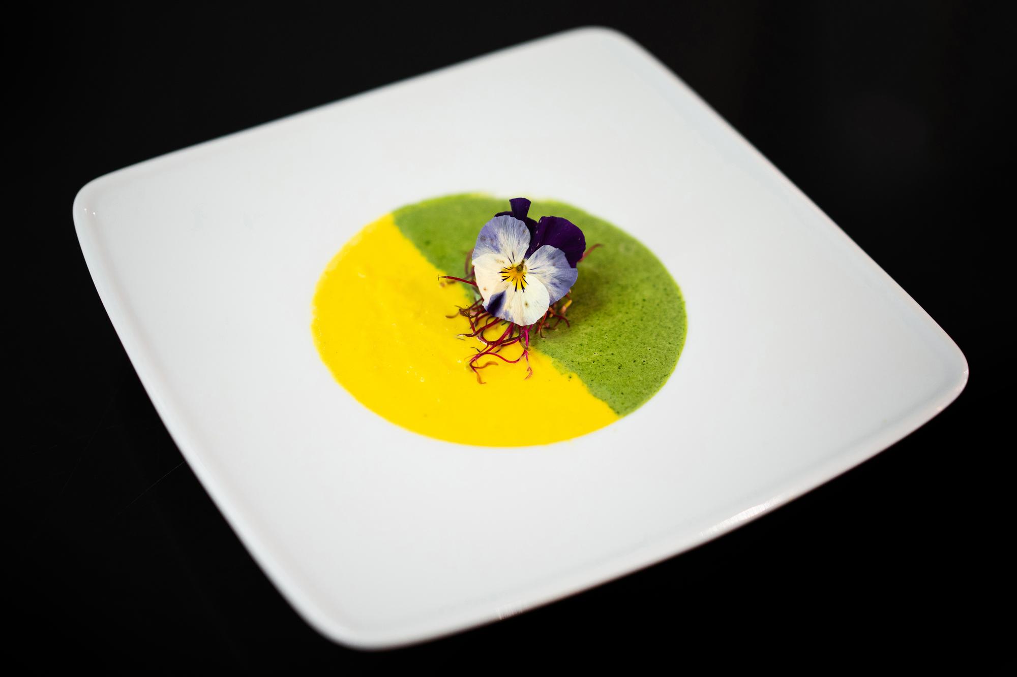 Plated modern dish with neon garnish