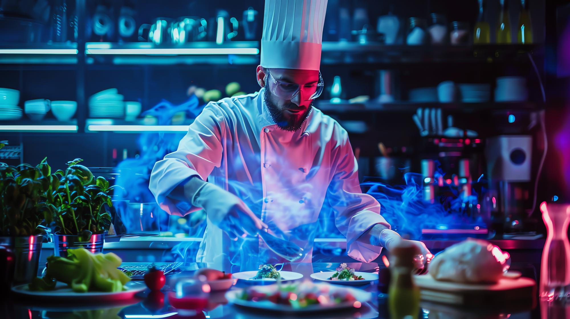 Chef demonstrating a modern cooking technique in a high-tech kitchen